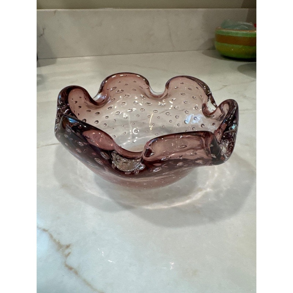 Murano Style Glass Bullicante Controlled Bubbles Scroll Amethyst  Ashtray Bowl